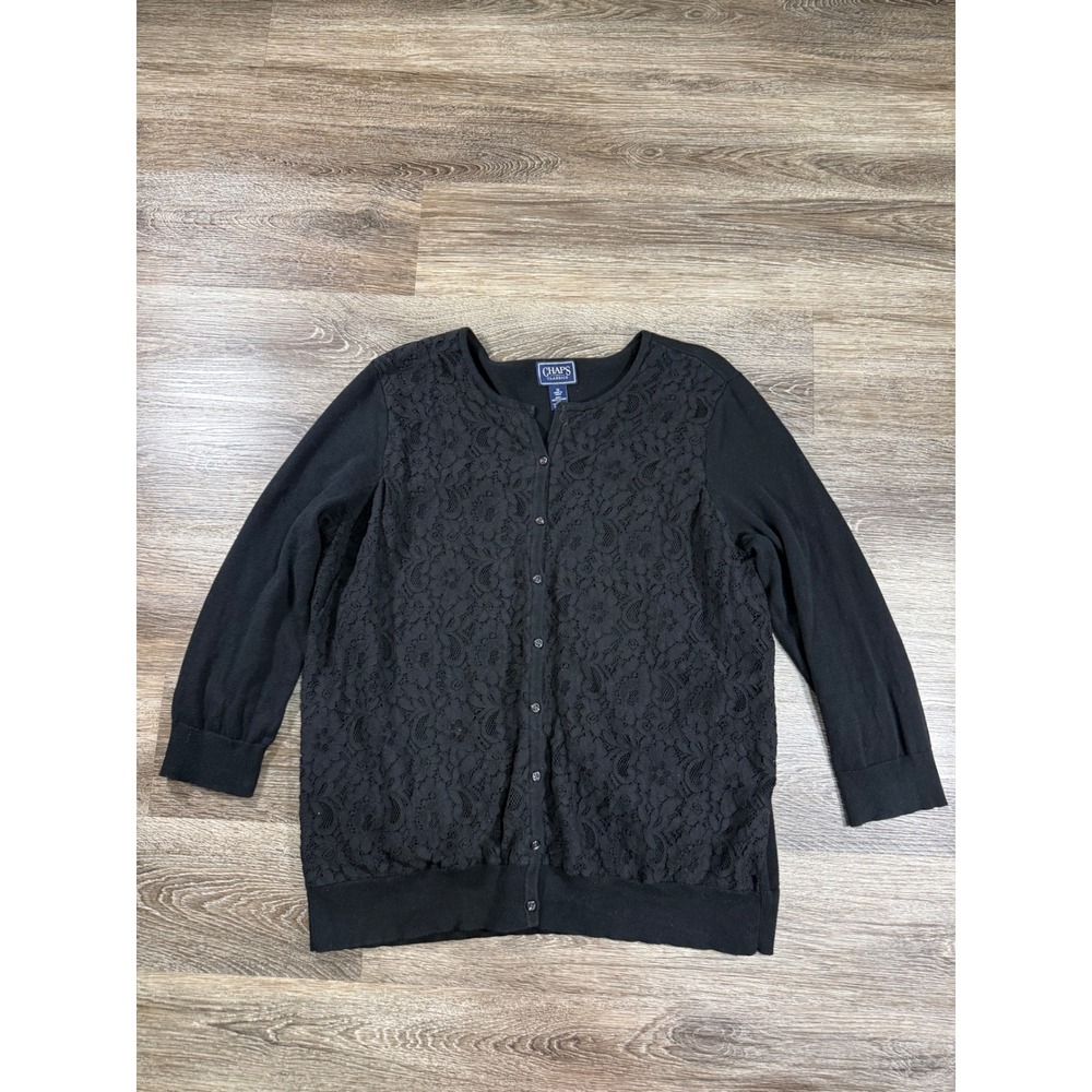 Chaps Classics Womens Black Lace Front Button Up Cardigan Sweater 1X Plus Size‎
